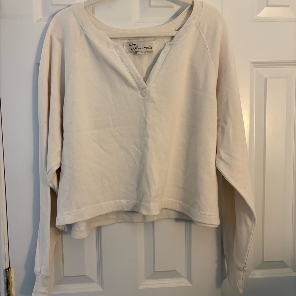 Free People Cream and Brown Boxy Long Sleeve Hoodie